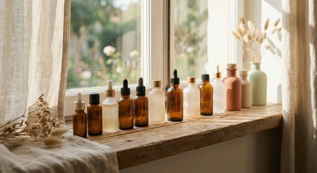 A row of amber and frosted glass bottles on a windowsill