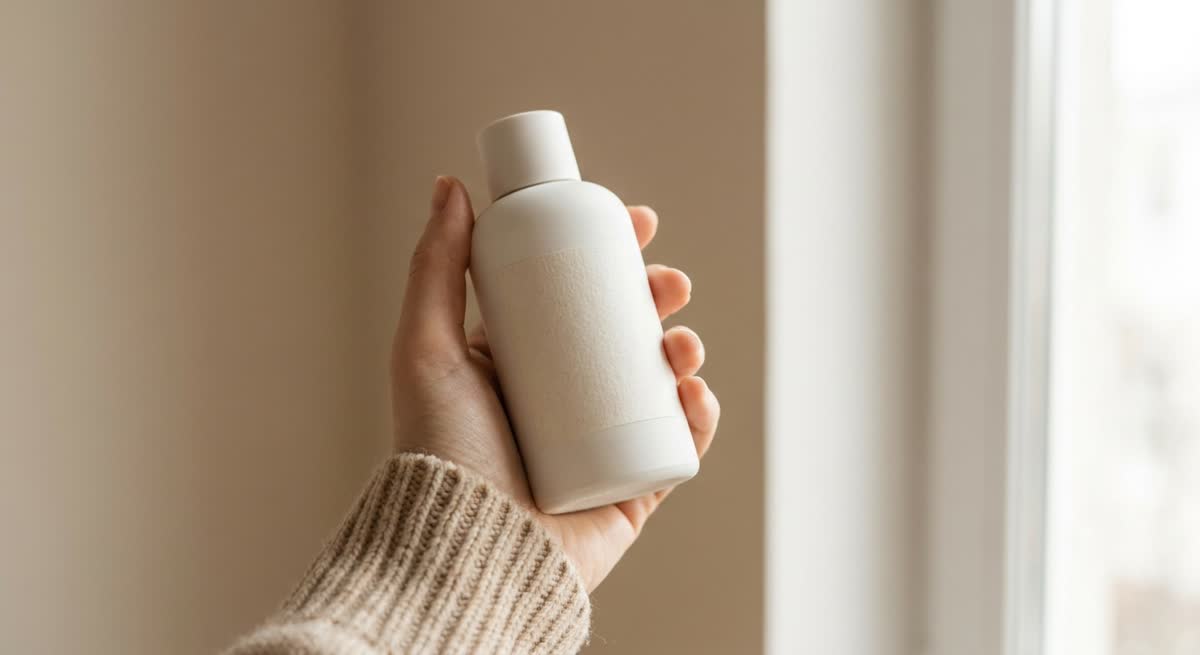 A plain unbranded cosmetic bottle in soft daylight